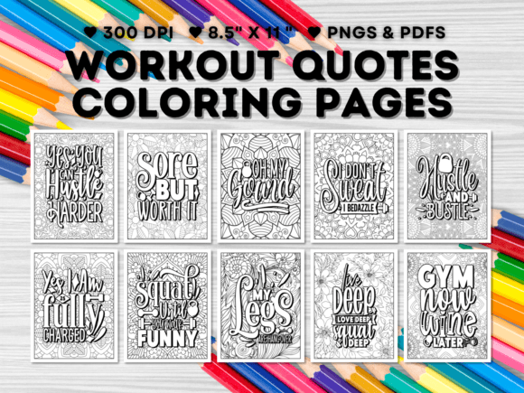 15 Workout Quotes Coloring Pages Gráfico Desenhos e livros para colorir Por DesignScape Arts