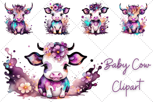 Alcohol Ink Floral Baby Cow Clipart Illustration PNG transparents AI Par YnovaArt