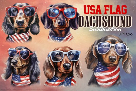 USA Flag Dog Dachshund Sublimation Graphic Illustrations By qArt Design