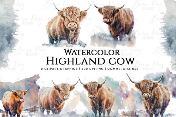 Watercolor Highland Cows Clipart Bundle Graphic Illustrations By busydaydesign