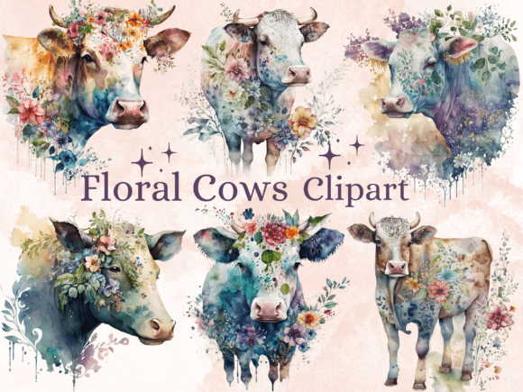 18 PNG Watercolor Floral Cows Clipart Graphic AI Transparent PNGs By giraffecreativestudio