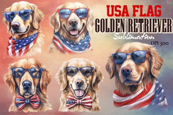 USA Flag Dog Golden Retriever 4th July Graphic Illustrations By qArt Design
