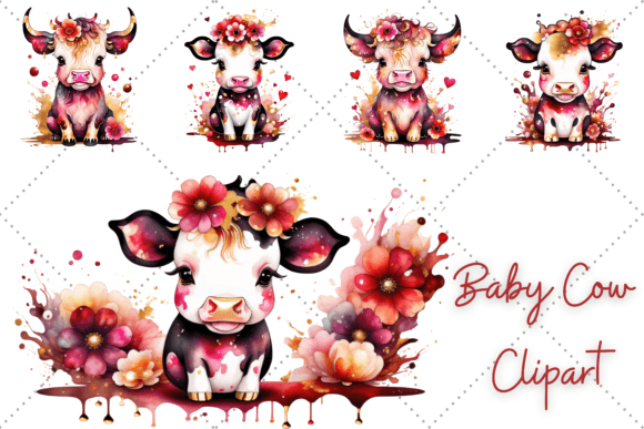 Alcohol Ink Baby Cow Clipart Bundle Illustration PNG transparents AI Par YnovaArt