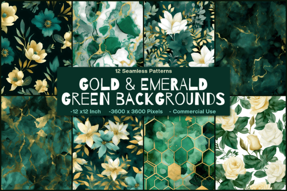 Gold & Emerald Green Seamless Flowers Graphic Patterns By Enchanted Marketing Imagery