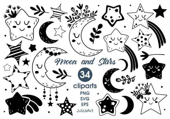 Moon and Stars Clipart, Celestial Svg Graphic Illustrations By JulzaArt