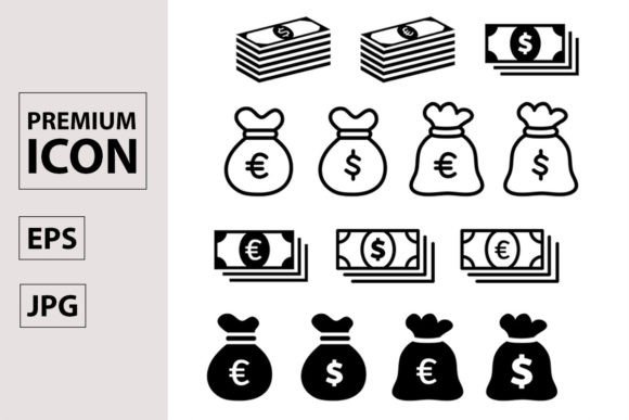 Paper Money & Money Bag with Dollar Euro Graphic Icons By NinjaStudio