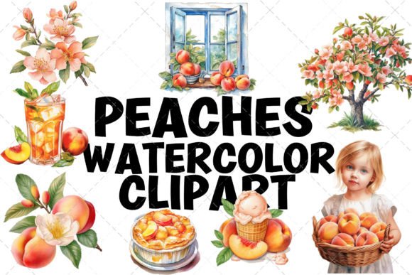 Peaches Fruit Watercolor Flowers Clipart Gráfico Ilustrações em IA Por BuildingCreations