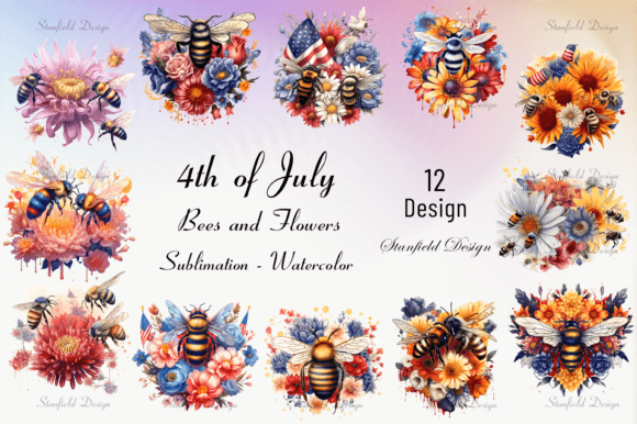 4th of July Bees and Flowers PNG Afbeelding Afdruk Sjablonen Door Stanfield Design