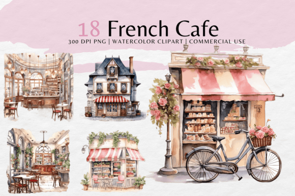 French Cafe Watercolor Clipart Bundle Graphic AI Transparent PNGs By Y watercolor Studio
