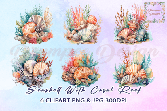 Seashell with Coral Reef Clipart Gráfico Artesanato Por Drumpee Design