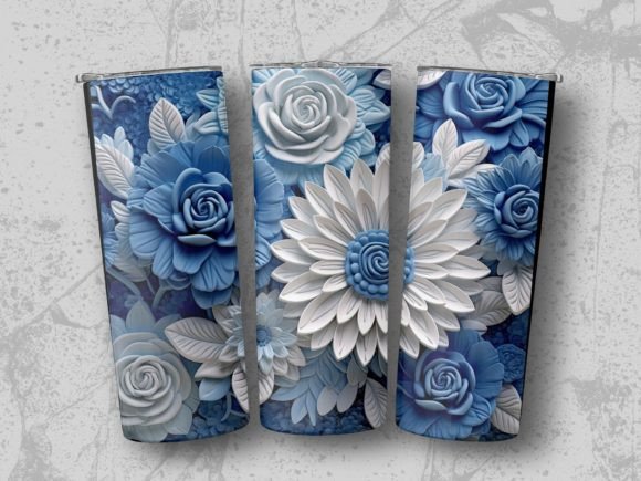 3D Blue and White Floral Tumbler Wrap Graphic AI Graphics By Stony Peak Creations