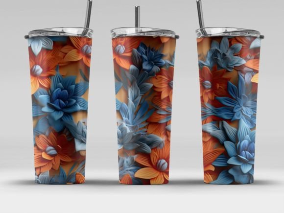 3D Orange and Blue Floral Tumbler Wrap Gráfico Gráficos de IA Por Stony Peak Creations