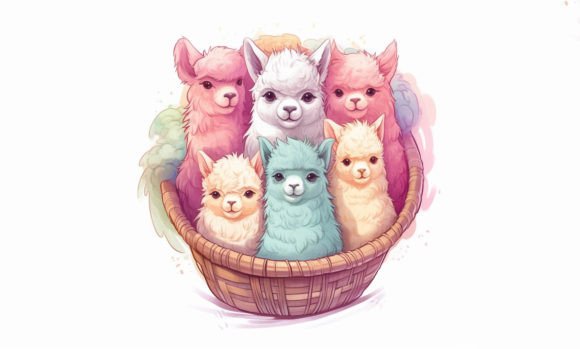 Cute Alpacas in a Basket Grafika Ilustracje do Druku Przez Poster Boutique
