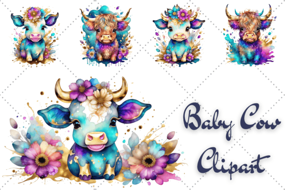 Cute Baby Cow Alcohol Ink Clipart PNG Illustration PNG transparents AI Par YnovaArt