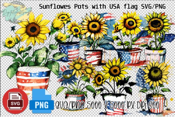 Sunflower Pots USA Flag Watercolor SVG Illustration Illustrations Imprimables Par DigitalArtGood