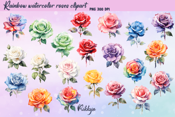 Watercolor Rainbow Roses Clipart Graphic AI Illustrations By Rikkya