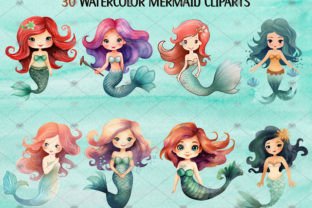 Watercolor Mermaid Clipart Set of 50 PNG Graphic Illustrations By beyouenked 2