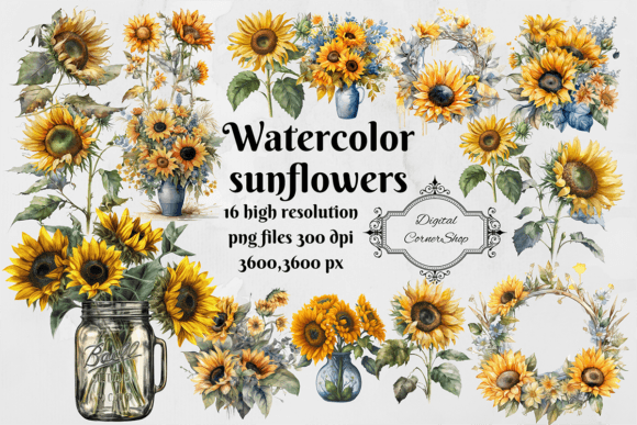 16 Watercolor Sunflower PNG Files Graphic AI Illustrations By digitalcornershop