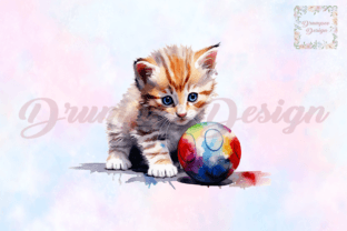 Watercolor Kitten with Ball Clipart Graphic Crafts By Drumpee Design 6