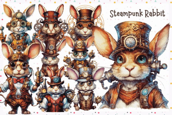 Whimsical Steampunk Rabbit Sublimation Graphic AI Illustrations By VeloonaP