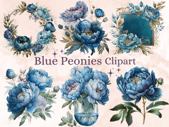 20 PNG Watercolour Blue Peony Clipart Graphic AI Transparent PNGs By giraffecreativestudio