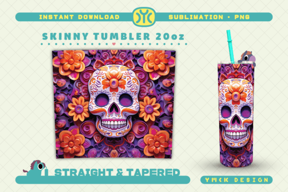 3D Mexican Skull 20oz Skinny Tumbler PNG Grafik KI Illustrationen Von ymckdesignstudio