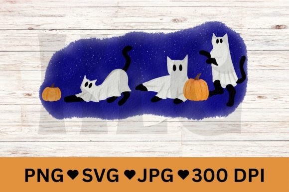Watercolor Halloween Cat Ghosts Graphic Illustration Illustrations Imprimables Par Kelly Light Graphics