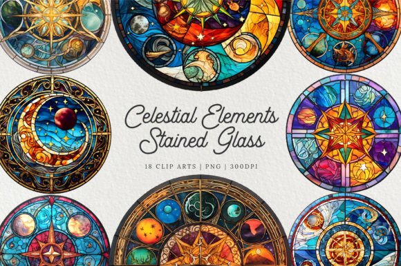Celestial Elements Stained Glass Grafik KI Illustrationen Von jellafornie