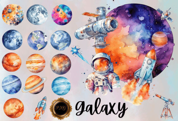 Watercolor Planets Galaxy Png Clipart Graphic Objects By Agnesagraphic