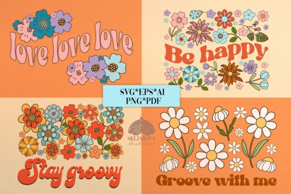 Retro Groovy Flowers SVG PNG EPS Graphic Illustrations By HappyWatercolorShop