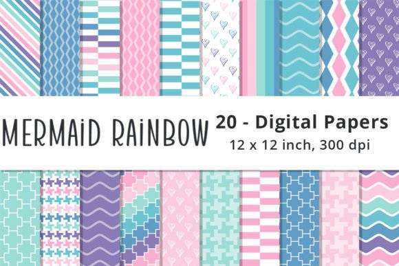 Printable Mermaid Rainbow Color Patterns Gráfico Patrones de Papel Por Lemon Paper Lab