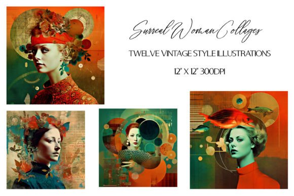 Surreal Women Vintage Style Art Collages Gráfico Ilustraciones Imprimibles Por Digital Magpie Design Studio