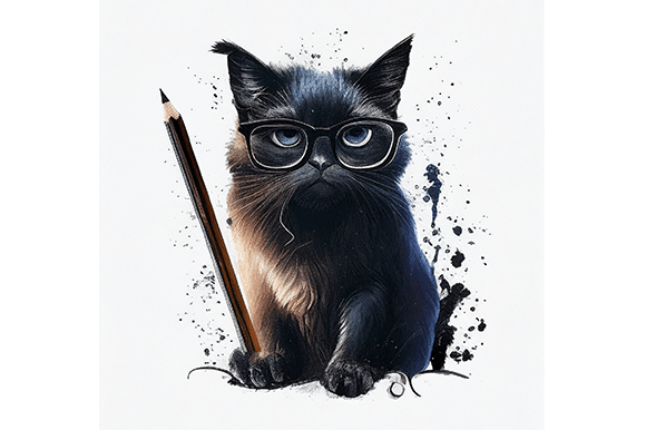 A Black Cat Reading Book Sublimation Illustration Modèles d'Impression Par WangTemplates