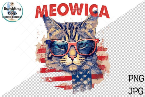 Retro Patriotic Cat Meow 4th America Pun Graphic Illustrations By RamblingBoho