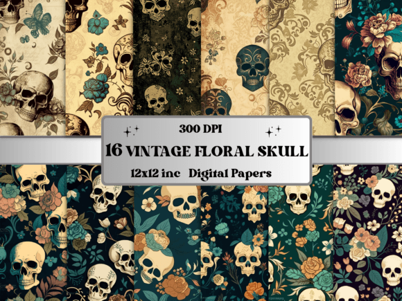 Vintage Floral Skull Digital Paper Pack Graphic Backgrounds By giraffecreativestudio