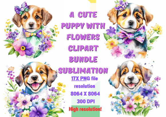 Cute Puppy with Flowers Clipart Bundle Graphic AI Illustrations By ManCreative