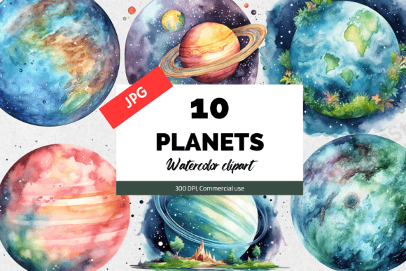 10 Watercolor Planet Clipart JPG Graphic AI Illustrations By KiwiCakeStudio