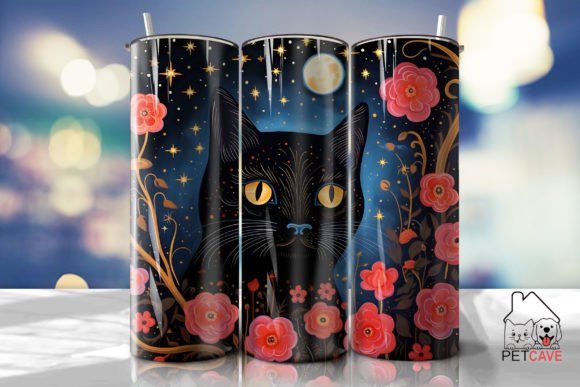Black Cat and Flower Art Tumbler 6 Illustration Modèles d'Impression Par Pet Cave