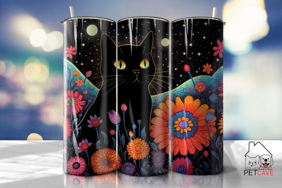Black Cat and Flower Art Tumbler 7 Illustration Modèles d'Impression Par Pet Cave
