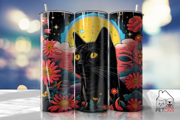 Black Cat and Flower Art Tumbler 8 Illustration Modèles d'Impression Par Pet Cave