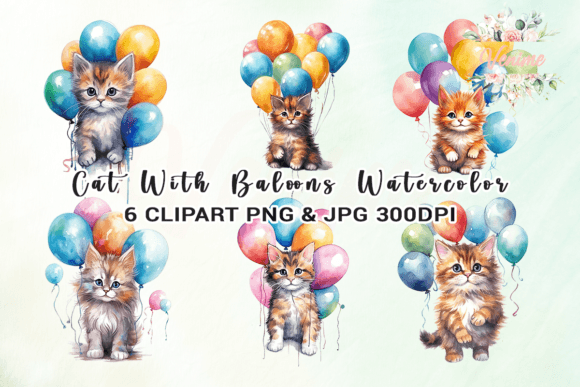 Cat with Baloons Watercolor Clipart Afbeelding Crafts Door Venime