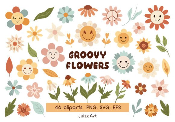 Retro Flower Clipart, Groovy Flower Svg Illustration Illustrations Imprimables Par JulzaArt