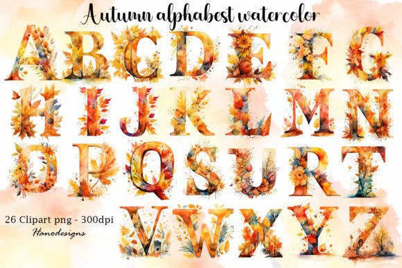 Autumn Alphabest Sublimation Afbeelding Afdrukbare Illustraties Door Hanodesigns