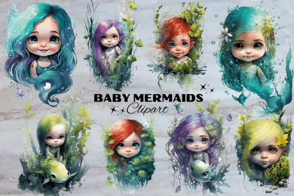 Baby Mermaids - Fantasy Baby Girl Grafik Druckbare Illustrationen Von Painting Pixel Studio