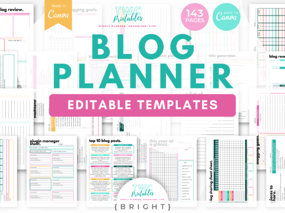 Blog Planner Canva Templates | BRIGHT Graphic Print Templates By TWCprintables