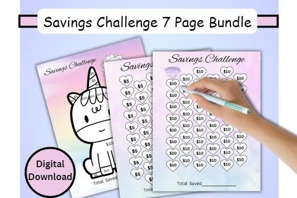 Cute Savings Challenge 7 Page Bundle Afbeelding Afdruk Sjablonen Door Pixels N Bows