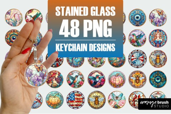 Stained Glass Keychain PNG Bundle Afbeelding Crafts Door Orange Brush Studio