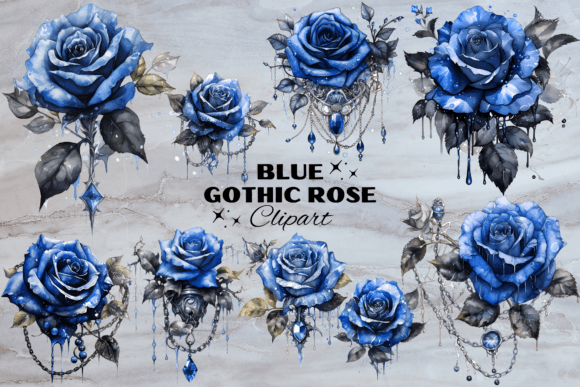 Blue Gothic Rose with Diamonds & Chains Graphic Illustrations By Painting Pixel Studio