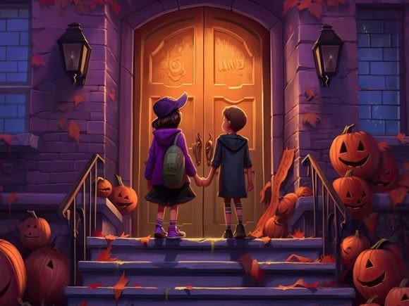 Halloween Trick or Treat Children Door Graphic AI Illustrations By Fox Design