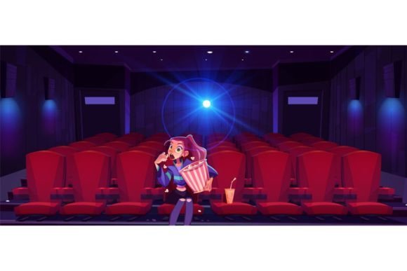 Mesmerized Girl with Popcorn in a Cinema Graphic Illustrations By myteamart